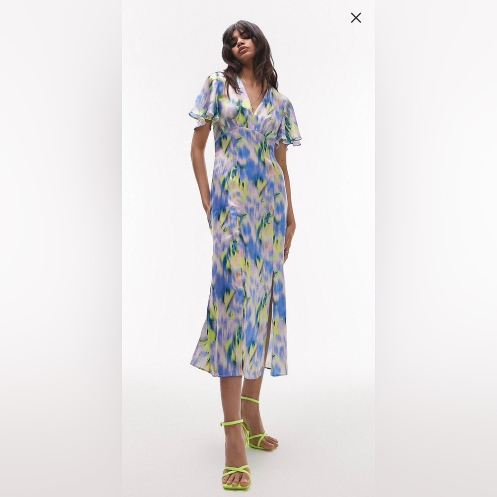 WORN ONCE! Topshop v-neck angel sleeve midi dress in multi